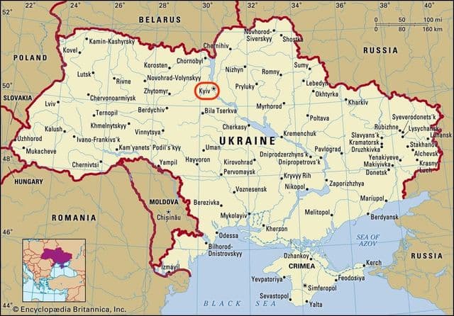 Kiev en el mapa de Ucrania